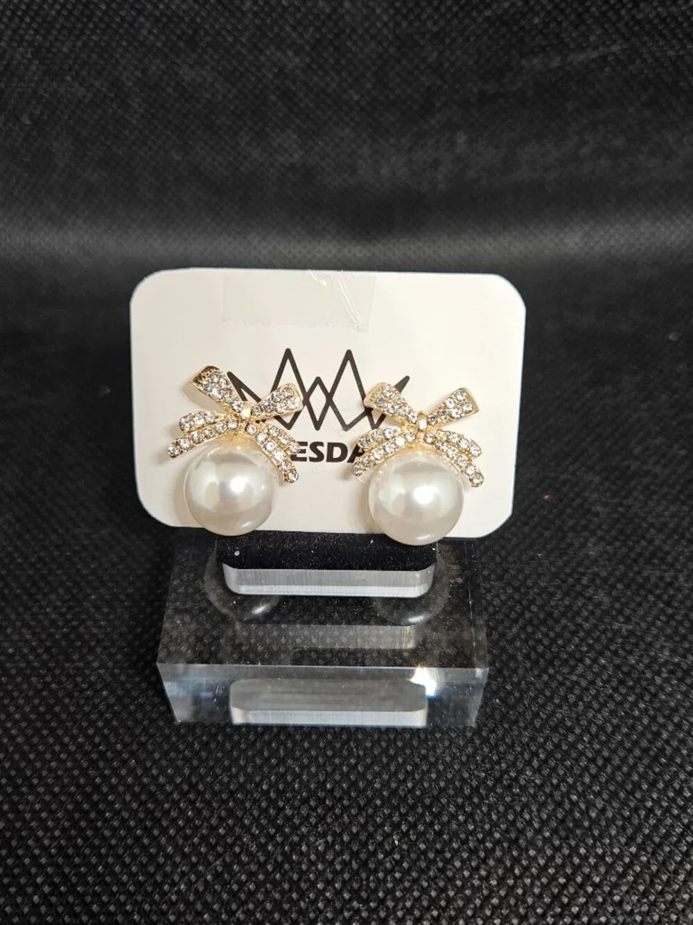 Gold Crystals Ribbon / Pearl Stud Earrings